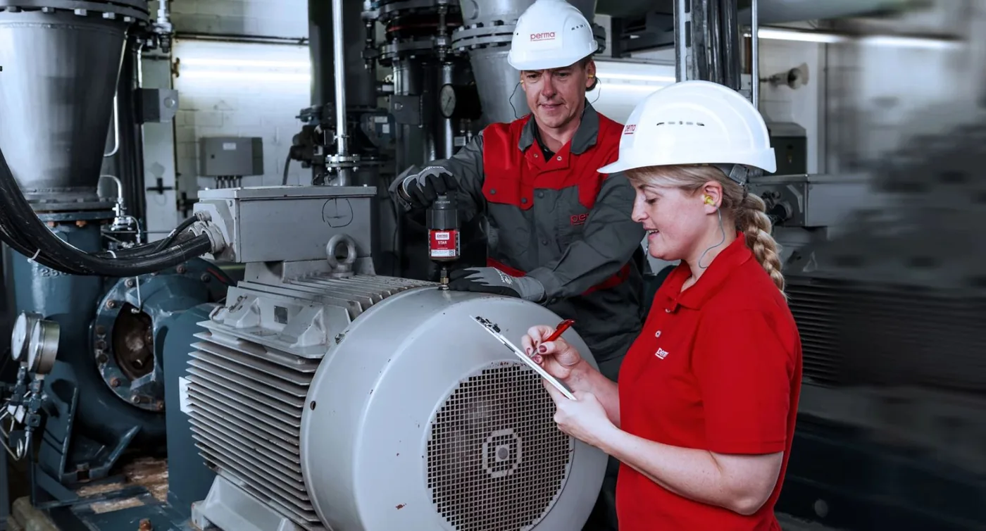 Técnicos revisando la lubricación automática de un motor eléctrico